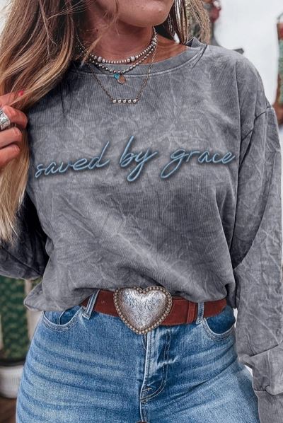 "Saved By Grace" Embroidered Mineral Wash Sweatshirt