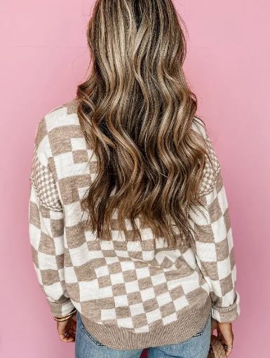 Checkered Drop Shoulder Round Neck Sweater