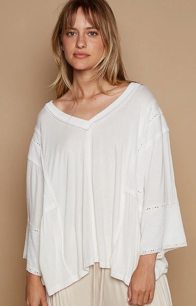 Oversize V-Neck Long Sleeve Lace Trim Solid Knit Top