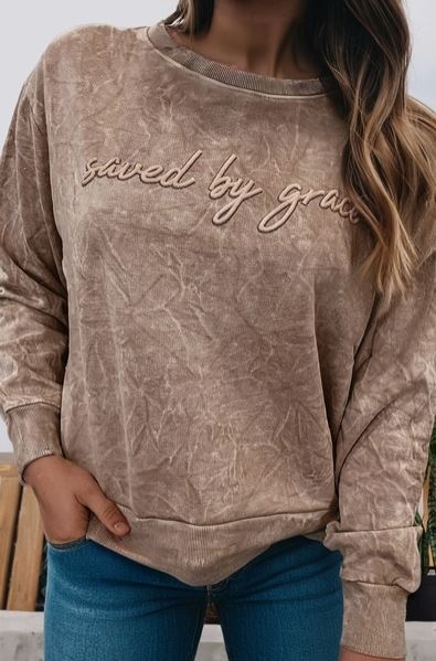 "Saved By Grace" Embroidered Mineral Wash Sweatshirt