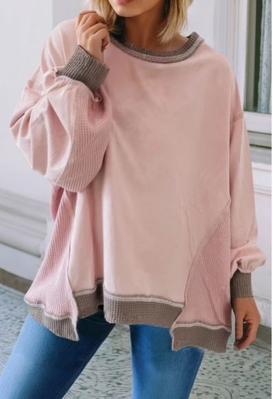 Light Pink Waffle Patchwork Oversize Sweatshirt