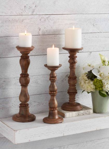 Large Beaded Wood Candlestick