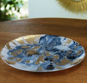 NEW ORLEANS Glass Blue and Gold Marble Large Round Platter