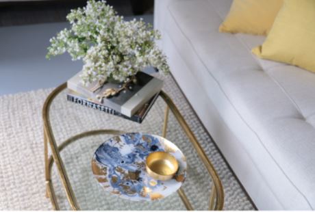 NEW ORLEANS Glass Blue and Gold Marble Large Round Platter