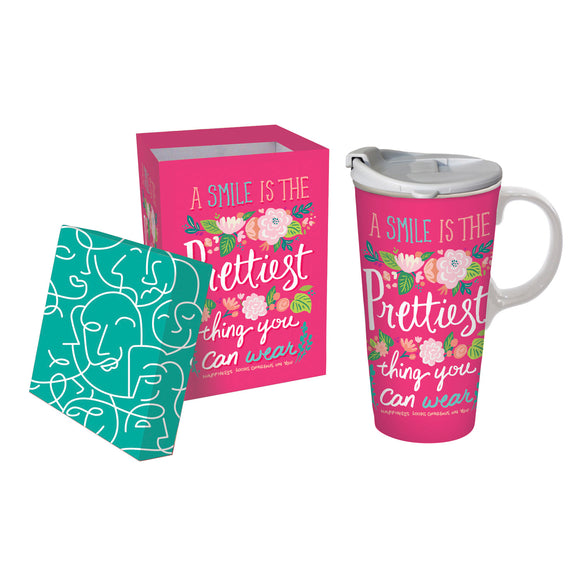 Ceramic Travel Cup 17 OZ. w/box, A Smile Is the Prettiest Thing You Can Wear