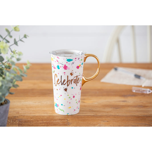 Ceramic Travel Cup w/ metallic accents 17 OZ w/Box Celebrate