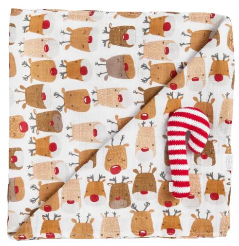 REINDEER SWADDLE BLANKET AND RATTLE SET
